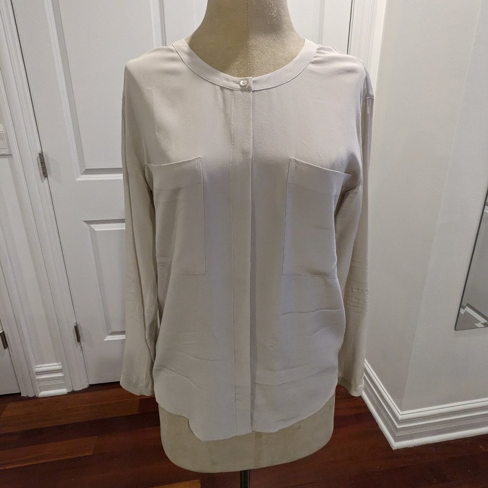 Everlane Silk Pocket Long Sleeve Top White Grey Size Extra Small